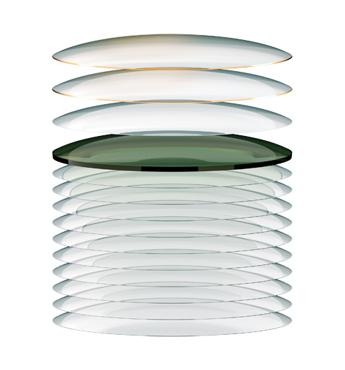 Lens coating stack showing different layers of Crizal Sun XProtect